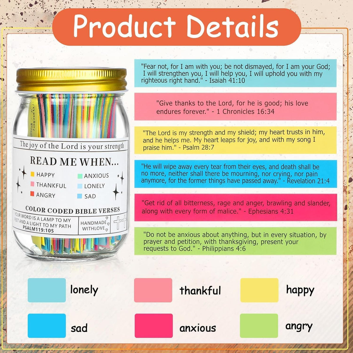 Bible Verse Jar with Color-Coded Scriptures for 6 Emotions